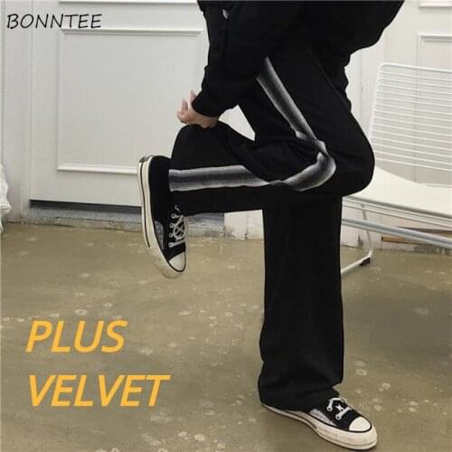 Pants Women Side-stripe Plus Velvet Korean Style Straight Trendy All-match Chic Ulzzang 4XL Plus Size Female Bottom Spring Cozy