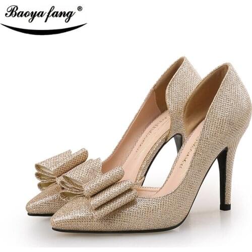 BaoYaFang New Gold Gray Blue Sexy ladies wedding Party shoes shallow mouth thin high heels shoes women insloe Pumps Bowknot