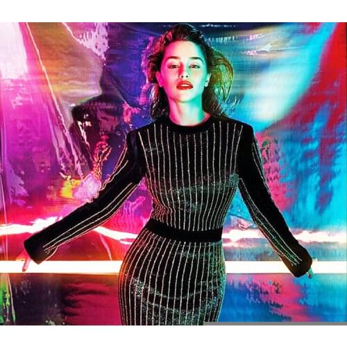 High-Quality 2020 Autumn And Winter Star With New Black Elastic Fabric Fashion Luxury Heavy Rhinestone Long Sleeve Dress Women