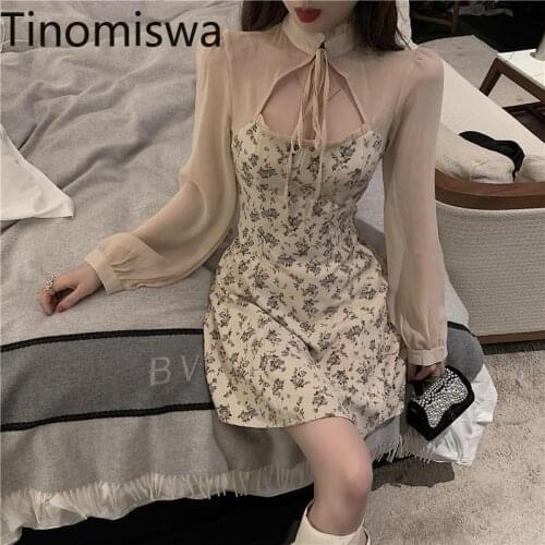Tinomiswa Stand Collar Vintage Floral Printed Dress Women Casual Retro Long Sleeve A Line Mini Dresses Female Vestidos Mujer