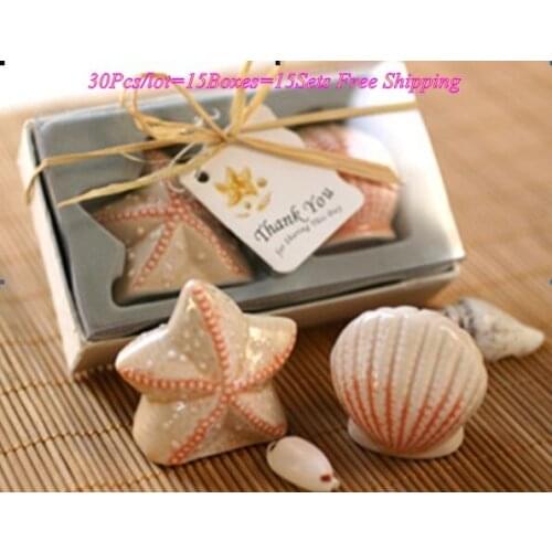 30Pcs/lot=15boxes) Beach themed Wedding souvenirs of Seashell and starfish salt and pepper shakers Bridal shower Party Favors