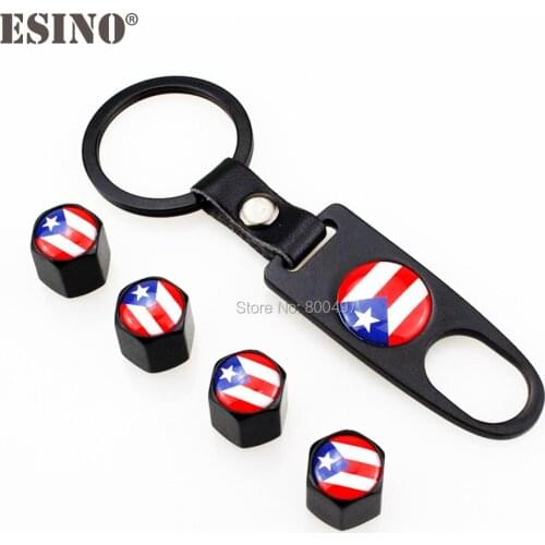 4 x Car Stainless Steel Zinc Alloy Wheel Tire Valve Stems Caps Purto Rico National Flag Universal With Mini Wrench Key Chain