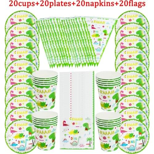 80pcs/Lot Disposable Tableware Dinosaur Birthday Party Paper Cups+Plates+Napkins+Flags Sets Roar Dino Party Supplies For 20 Kids