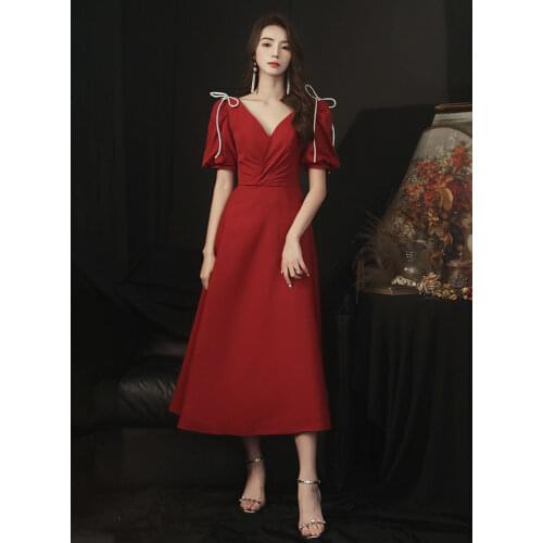 Burgundy Toast Dress 2020 New Wedding Evening Dress Daily Wear Medium And Long Engagement With Bow-knot