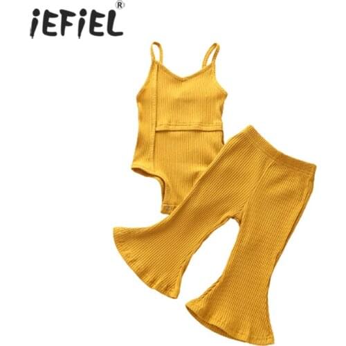 Children Girls Summer Clothes Toddler Kids Girls Ribbed Knit Solid Sleeveless Romper Top+Long Bell Pants Bottoms Casual Outfits