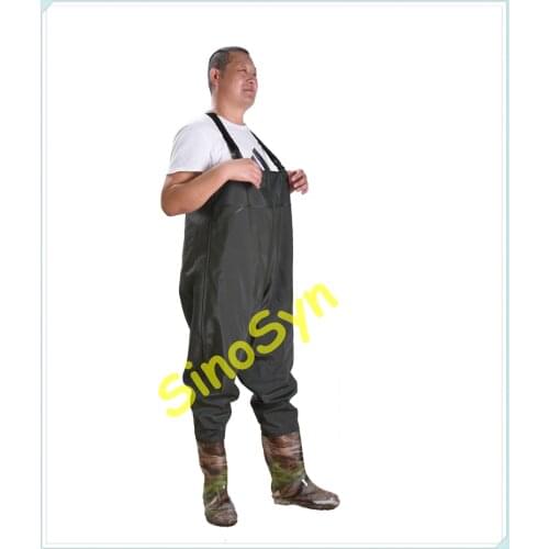 FQW1901 Water Working Outdoor Fishing Safty Chest/ Waist Wading 0.65MM Army-Green PVC Pants with Rain Boots