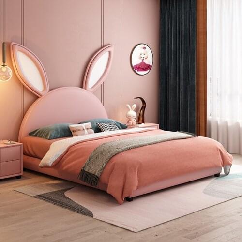 Nordic Rabbit Eared Bed Girl Princess Childrens Room Ins Solid Wood Single Bed Pink Dreamy Cartoon Net Red Bed