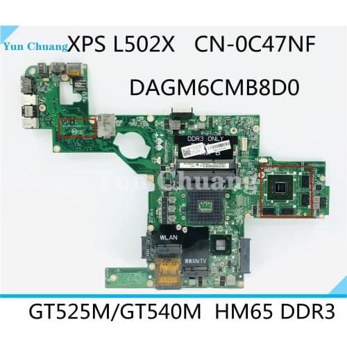 CN-0C47NF 0C47NF Laptop motherboard For DELL XPS 15 L502X GT525M Notebook Mainboard DAGM6CMB8D0 HM67 N12P-GE-A1