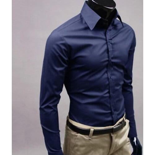 Mens Casual Shirt Slims Fit Shirt Fashion Men Solid Color Long Sleeve Button Turn Down Collar Shirt Top Male Clothing Hot Sale