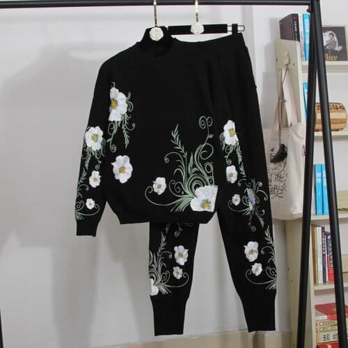 Autumn Fashion Embroidery Flower Knitted Tracksuits Women Two Piece Outfits Loose Black Gray Knit Sweater Long Pants Set Female