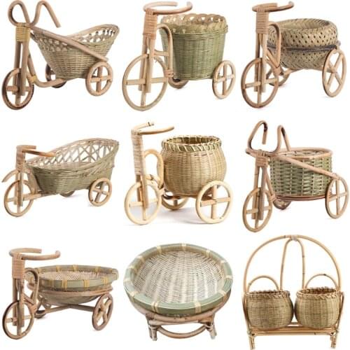 Mini Tricycle Rattan Woven Fruit Basket Bamboo Handmade Wicker Storage Basket for fruit Food Bread Organizer Art Crafts