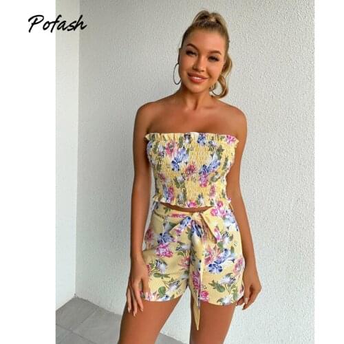Pofash Floral Print Ruffle Ruched Crop Tops And Shorts Set Bow Summer Two Pieces Outfits Female Sexy Holiday 2 Piece Sets 2021
