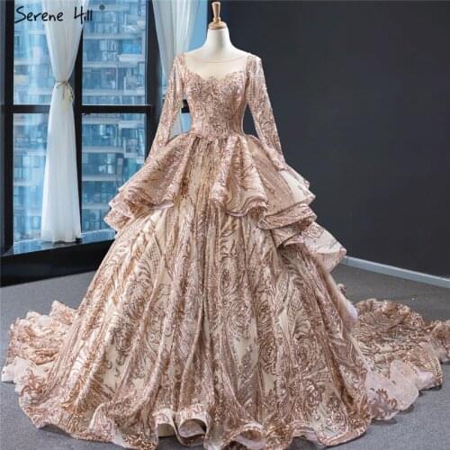 Dubai Luxury Gold O-Neck Sequins Bridal Dresses 2020 Long Sleeves Sparkle Sexy Wedding Gowns Serene Hill HM67017 Custom Made