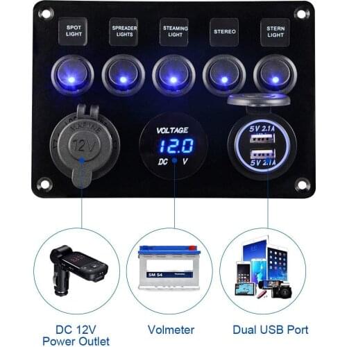 With Digital Voltmeter 2 USB Charger 12V 24V 5 Gang Marine Switch Panel For Yacht Caravan Truck Marine Boat