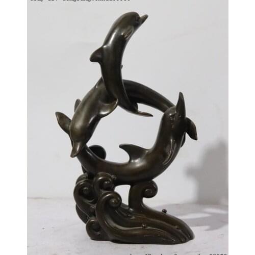Western Art Deco Sculpture Pure Bronze Classy Three Dolphins Fish Play Statue