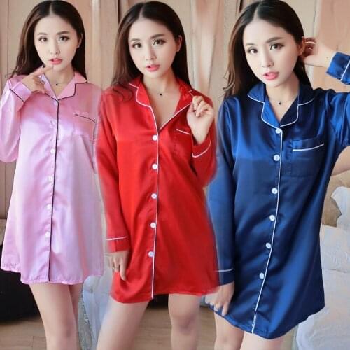 Spring and summer medium and long shirt pajamas mimic silk cardigan women long sleeves loose sexy pajamas