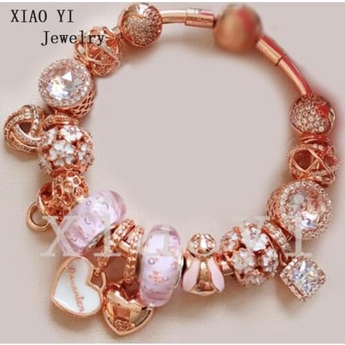 XIAOYI 2020 new 100% s925 Rose color insect love pacifier glass flower encircling hollow out spherical cats eyes Bracelet