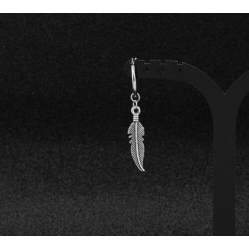 Y166 Titanium Steel Vintage Feather Leaves Pendant Drop Hoop Earrings Korean Jewelry