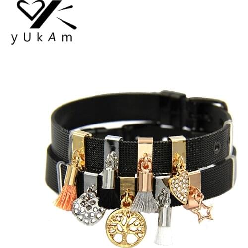 YUKAM Crystal Love Heart Life Tree Dangle White Grey Black Orange Tassel Pendant Slide Charms Keeper for Bracelet Jewelry Making