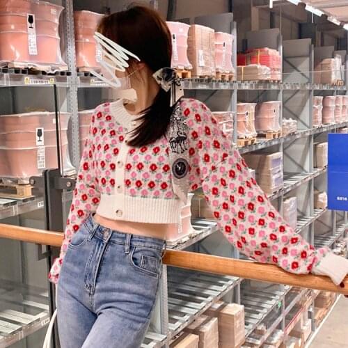 2021 Womens Button Down Knit Sweater Long Sleeve Round Neck Floral Print Cropped Cardigan Sweet Style