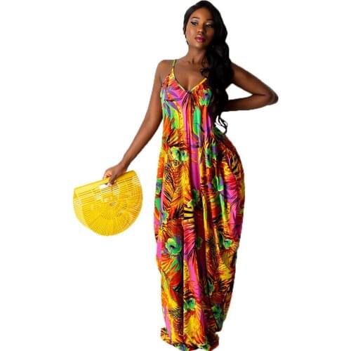 STYLISH LADY Tropical Leaves Printed Boho Dress 2021 Summer Women Strap V Neck Backless Casual Loose Long Maxi Beach Dress