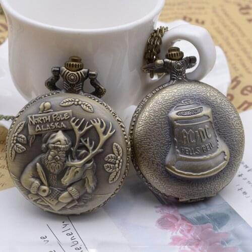 100pcs/lot Vintage Full Case Santa Claus Bell Pockt Watches with Chain Christmas Gift Watches Wholesale