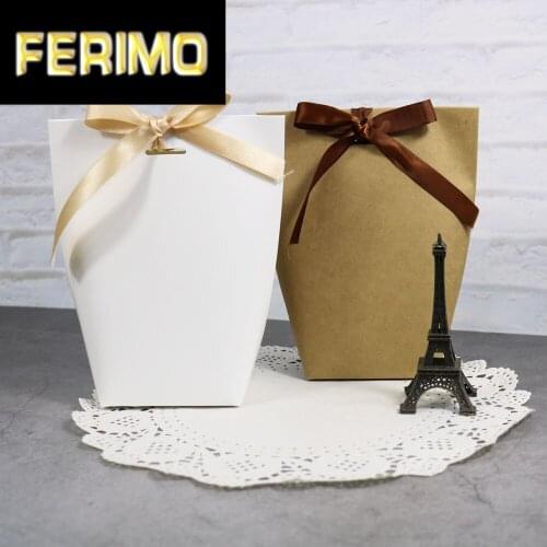 5pcs Blank Kraft Paper Bag White Black Candy Bag Wedding Favors Gift Box Package Birthday Party Decoration Bags with Ribbon