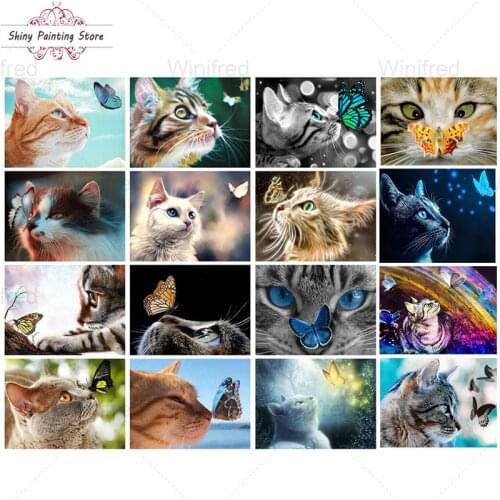 Full Square Round Diamond Painting Cat and Butterfly DIY 5D Diamond Embroidery Animal Diamond Mosaic Cross Stitch Kit Home Decor