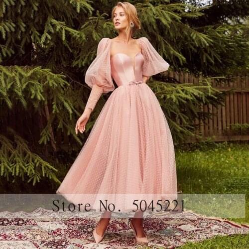 Lace Up Satin Pink Prom Dress Dot Tulle A Line Elegant Party Dress Arabic 2020 Puffy Sleeves Long Gown Evening Dresses Plus Size