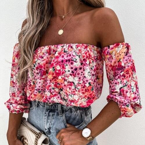 Summer Off Shoulder Floral Print Blouses Women 2021 Boho Casual Blackless Blouse Female Holiday Flower Slash Neck Chic Tops