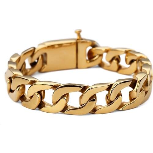 Fashion Titanium Steel Mens Golden Color Cuban Chain Bracelet Bangles 22cm Bracelet Punk Gift
