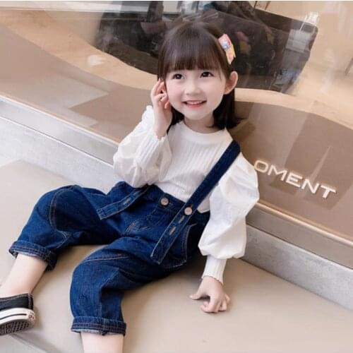 Kids Girls Clothing Sets 2021 New Autumn Fashion Strap Pant Outfit Set White Puff Sleeve Bottoming Shirt+Long Jeans Overall Pant