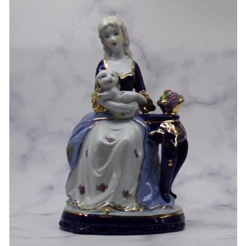 Porcelain crafts large skirt European western ladies holding dog seat fruit bowl enamel Beauty womens figure Sculpture statue