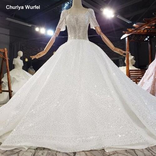 HTL1806 Sequined Beading Wedding Dress 2020 Squaer Collar Short Sleeve Applique Ball Gowns мусульманское платье