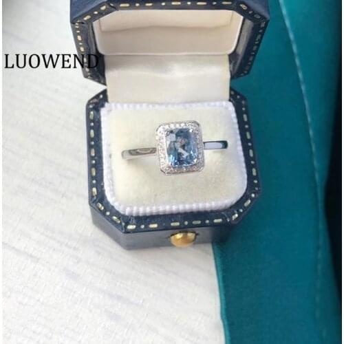 LUOWEND 100% Real 18K White Gold Ring Rectangle Shape Sky Blue Topaz Natural Diamond Ring for Women Wedding Party