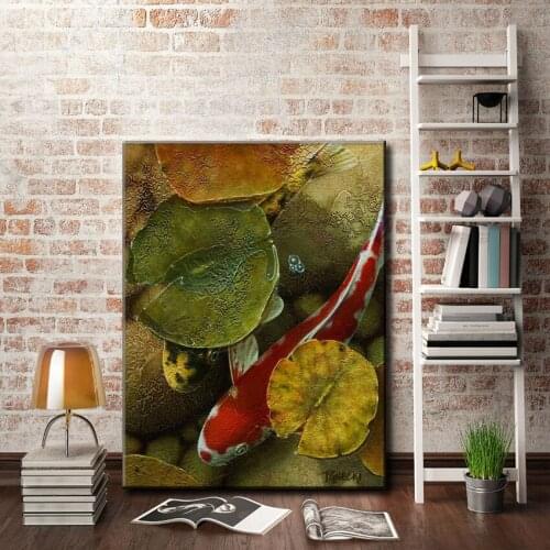 Chinese style red dot carp lotus leaf water scenery oil painting canvas printings printed on canvas wall art decoration pictures