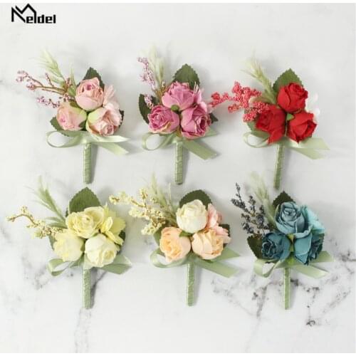 Meldel Boutonniere Wrist Corsage Wedding Bridesmaid Bracelet Men Boutonniere Girl Wrist Corsage Flower Silk Red Rose Boutonniere