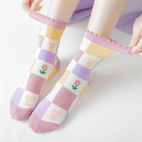 Japanese Harajuku Retro Flower Grid Woman Socks Cotton Kawaii Purle Funny Socks Women for Spring Autumn Winter 7701