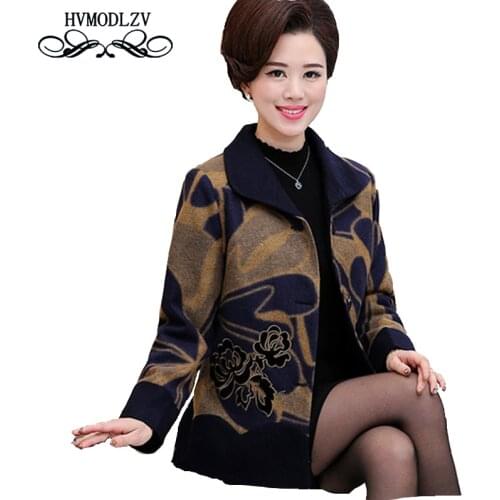 2018 New Hot Sale Full Autumn Winter Women Jacket Printed Woolen Coat Plus size Moms Middle aged Female parka outwear ls107