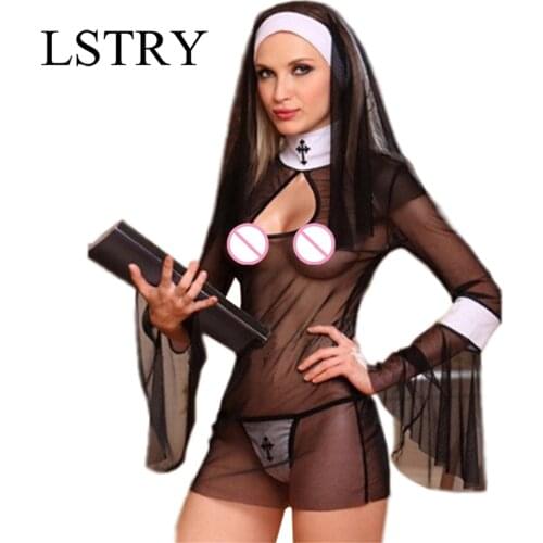 2020 New Sexy Costume Women Cosplay Nuns Uniform Transparent Sexy Lingerie Exotic Nun Halloween Costumes Dress Outfit Clothing