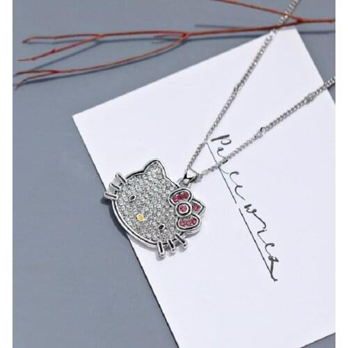 New Y2k Fashion Hello Alloy Silver Kittyed Cat Necklace with Chain Crystal Female Charm Rhinestone Gothic Pendant Lover Gift