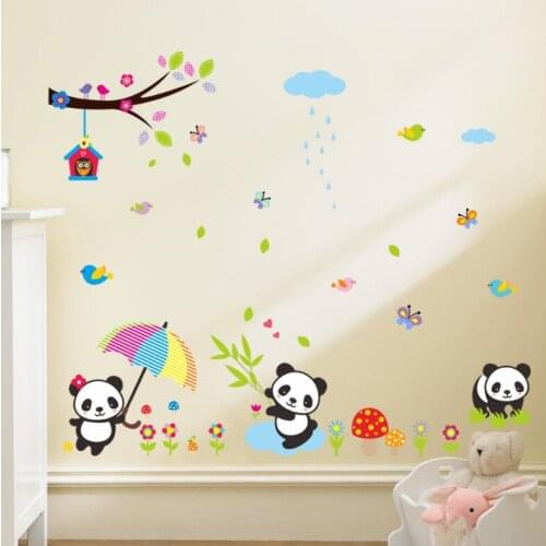 Panda Bamboo Birds Cartoon Vinyl Wall Stickers For Kids Room Tree Sky Wall Decal Child Wallpaper Nursery Decor Wall Art Decals