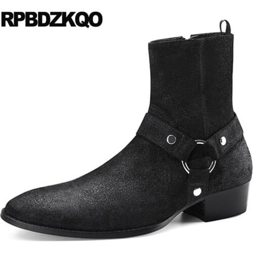 Luxury autumn ankle harness black genuine leather pointed toe chunky plus size suede boots fall designer shoes men high quality