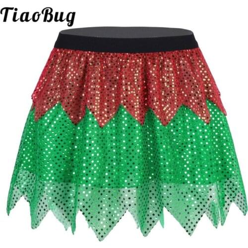 TiaoBug Women Shiny Sequins Elastic Waistband A-Line Mini Skirt Christmas Costume Festival Rave Stage Performance Dance Clothes