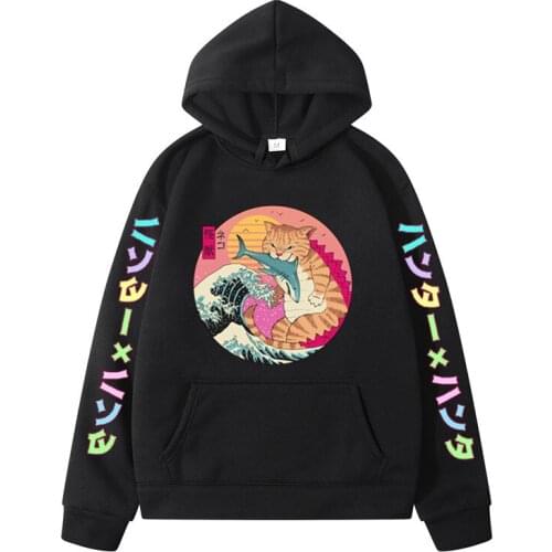 Surfing cat Japanese print funny mens/womens sweaters Harajuku anime fleece oversized clothes sweaters funny sweaters 2021