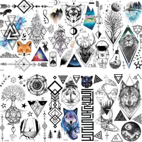 Geometric Lion Wolf Temporary Tattoos Sticker For Kids Men Women Fake Washable Outer Space Flower Tatoo Temporary Paste For Show