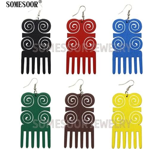 SOMESOOR Jewelry Laser Cuttting Engraving Available 7 Colors Vintage Wooden African Comb Pendants Earrings For Women Gifts