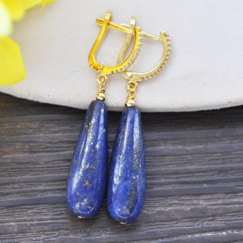Z10585 30mm Blue Drip lapis lazuli Bead Dangle Earring CZ