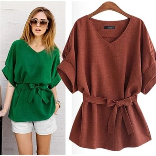 2021 Summer Womens Blouse Green New V-neck Bandage Short-sleeved Shirt Large Size 4XL 5XL Bat Sleeve Loose Casual FemaleTops