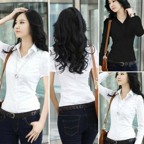 2021 Hot Womens Fashion Long Sleeve Button Office Career Formal Slim Blouse Shirt Tops Black White Versatile Simple Unique New